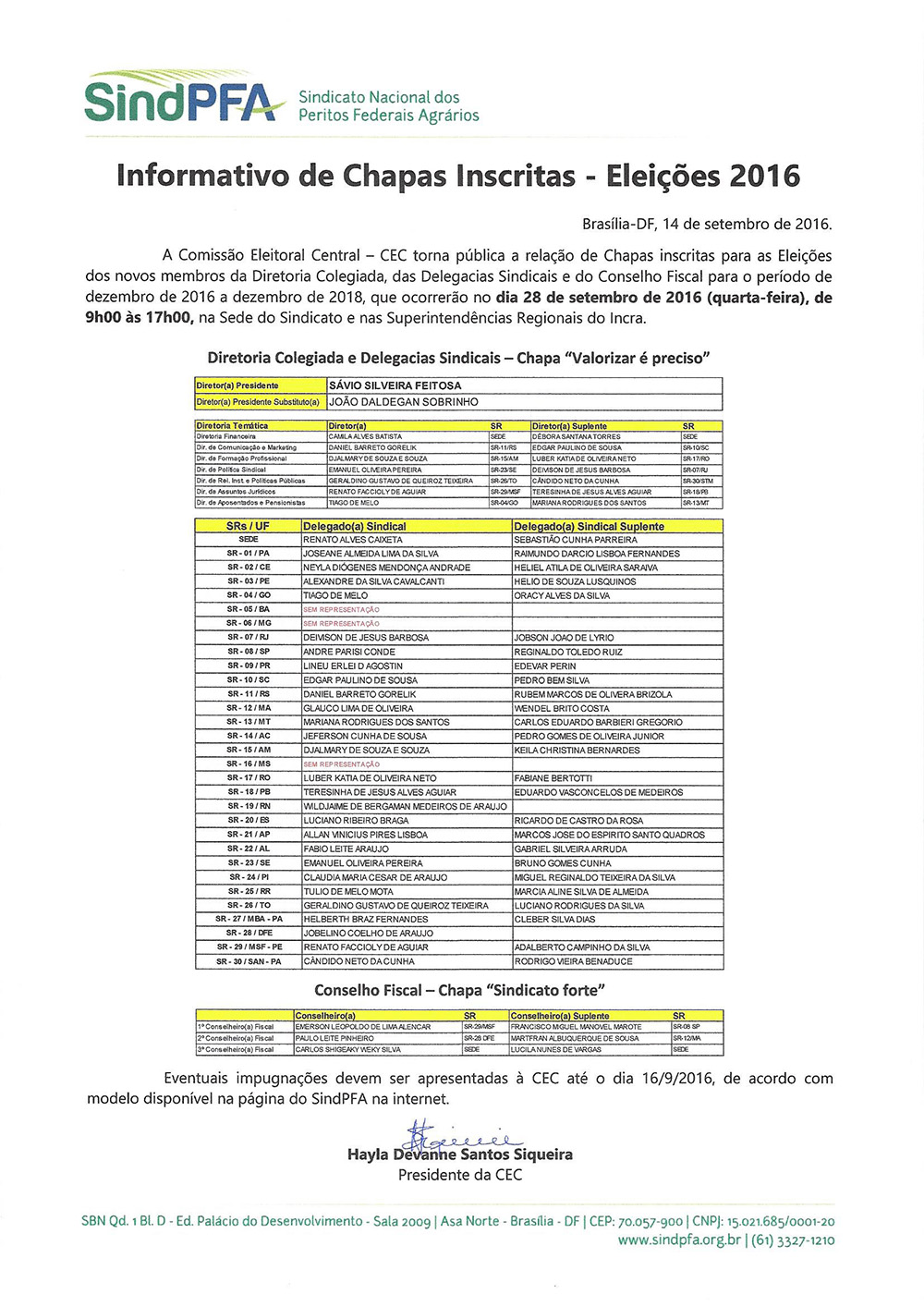 Eleições SindPFA 2016 – Informativo de chapas inscritas